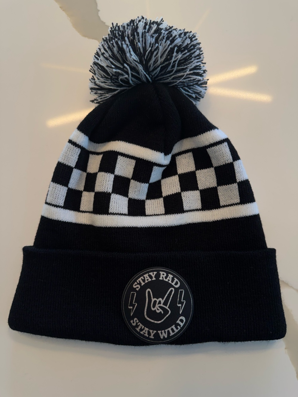 The Sunny Nest Black Checkered Pom Pom Beanie Youth NWOT